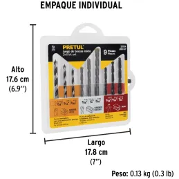 Juego de 9 Brocas para metal de Alta Velocidad Turbo Steel, Concreto y Madera, JBMX-9P 20704 Pretul Pretul-Juego de 9 Brocas par