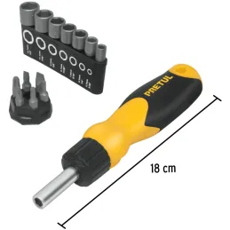 Juego Desarmadores Multipunta 6 Puntas y 7 dados Tipo Ratchet, PPMagnetico Acero al Cromo Vanadio, DES-14P 22974 Pretul Pretul-J