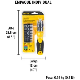 Juego Desarmadores Multipunta 6 Puntas y 7 dados Tipo Ratchet, PPMagnetico Acero al Cromo Vanadio, DES-14P 22974 Pretul Pretul-J