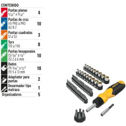 Juego Desarmadores Multipunta 35 Puntas y 18 dados Tipo Ratchet, Porta puntas Magnetico , AUTO-61 22976 Pretul Pretul-Juego Desa