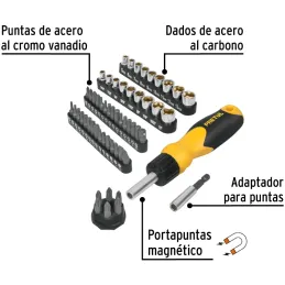 Juego Desarmadores Multipunta 35 Puntas y 18 dados Tipo Ratchet, Porta puntas Magnetico , AUTO-61 22976 Pretul Pretul-Juego Desa