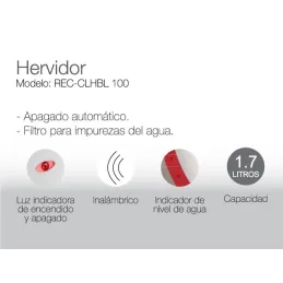 Hervidor Electrico Inalambrico 1.7 Lts, Indicador Led, en Plastico Resistente, Apagado Automatico, REC-INHAC100 RECORD RECORD-He