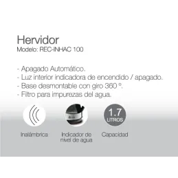 Hervidor Electrico Inalambrico 1.7 Lts, Indicador Led, en acero inoxidable giro de 360 Triple seguridad, REC-INHAC100 RECORD REC