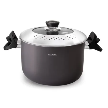  Espaguetera de Acero Inoxidable N22 5.3 Litros, con asa clip de bakelita Tapa de vidrio y acero con orificios, 874221035 RECORD