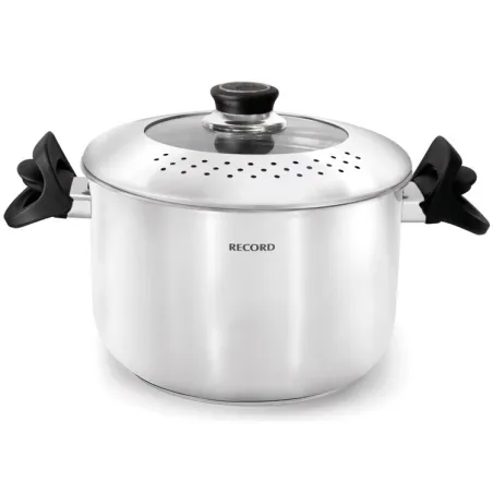  Espaguetera de Aluminio N22 5.7Litros, con asa clip de bakelita y Tapa de vidrio y acero con orificios, 294220555 RECORD 166.10