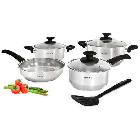  Juego de Ollas Encanto 8 Piezas, en acero inoxidable y fondo termodifusor con tapa de vidrio, 870021003 RECORD 502.542373 Juego