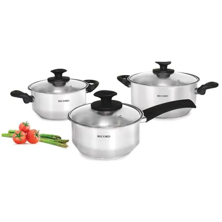  Juego de Ollas Encanto 6 Piezas, en acero inoxidable y fondo termodifusor con tapa de vidrio, 870011003 RECORD 470.338983 Juego