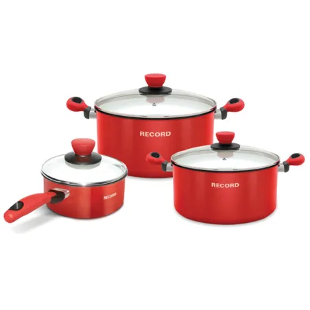  Juego de Ollas Amore 6 Piezas, en acero Vitrificado con tapa de vidrio, color rojo, 550015095 RECORD 633.050847 Juego de Ollas 