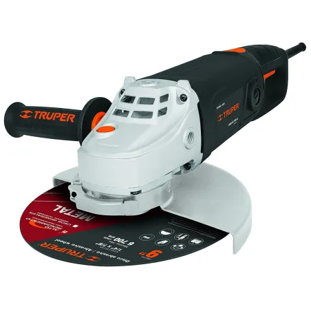 Esmeriladora angular 9" Industrial, 2000W 6200RPM Mango Ergonomico con Disco y Carbon de Rpsto, ESMA-9N3-2 18295 Truper