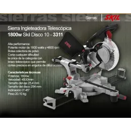 Sierra Ingleteadora Skil 3311, Telescopica 10" 254mm 1800W 4800RPM para cortes en Aluminio y Madera, en CC Skil-Sierra Ingletead