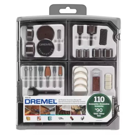Kit de accesorios Dremel 709-RW2, 110 Piezas con organizador accesorios mas comunes Dremel-Kit de accesorios Dremel 709, 110 Pie