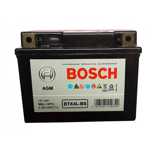 Bateria Motocicleta Bosch 3Ah 12V BTX4L-BS - + AGM VRLA 60A 11.3x7x8.5cm