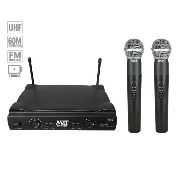 Microfono Inalambrico MXT MXT-58M, 60m UHF Doble Canal Doble Microfono de Mano