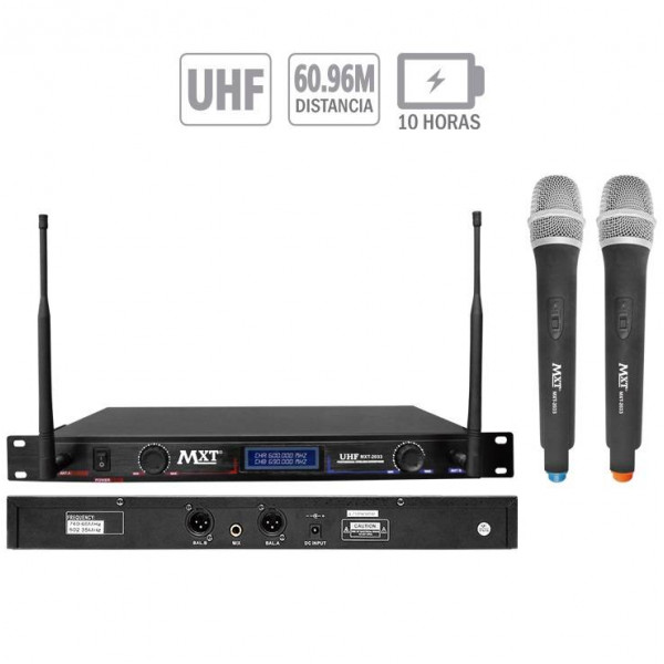 Microfono Inalambrico MXT MXT-2033, 60m UHF Doble Canal Pantalla LED Doble Microfono de mano