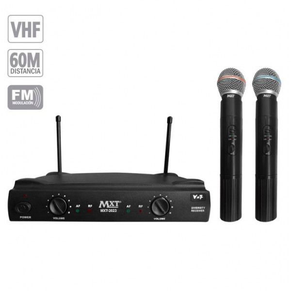 Microfono Inalambrico MXT MXT-2023, 60m VHF Doble Canal Doble Microfono de Mano