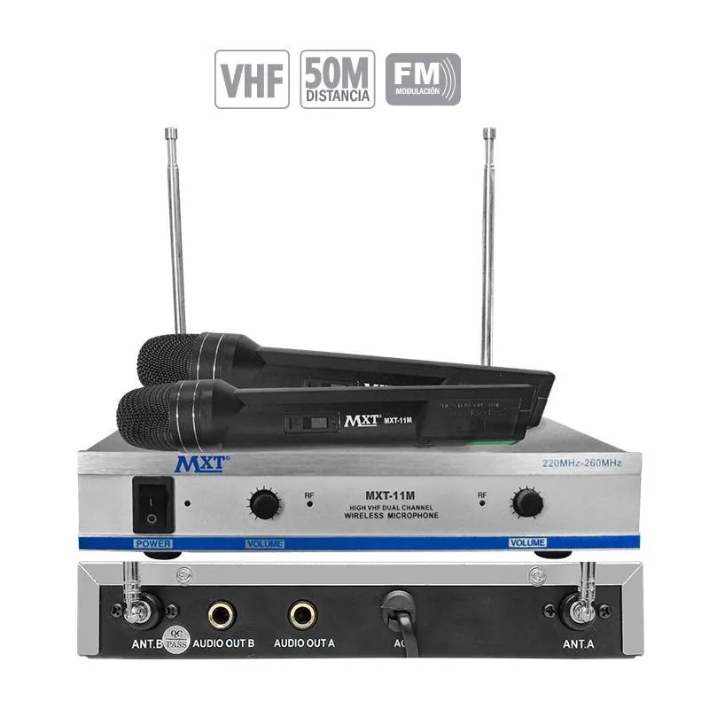 Microfono Inalambrico MXT MXT-11M, 50m VHF Doble Canal Doble Microfono de Mano