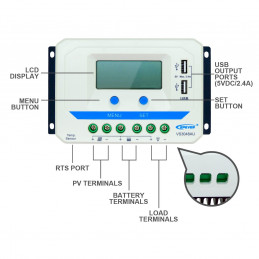 Controlador de Carga Solar PWM Epever VS3048AU LCD 30A,12/24/36/48V Auto 2USB5V