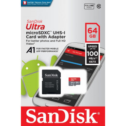 Memoria Flash microSDXC SanDisk SDSQUAR-064G-GN6MA 64GB Ultra A1 Clase10 con Adaptador