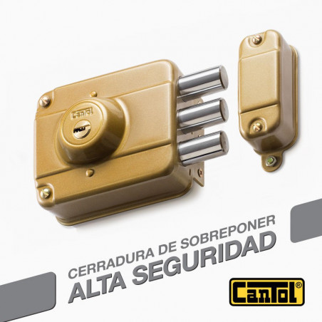 Cerradura Alta Seguridad Cantol Mega S330 Dorado 3Golpes 4LlavesDH 10Pines 3Pivotes Sin tirador Int-Ext Madera