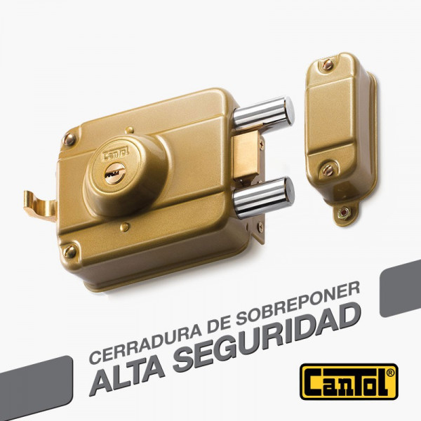 Cerradura Alta Seguridad Cantol Mega S990 Dorado 3Golpes 4LlavesDH 10Pines 2Pivotes Int-Ext Madera