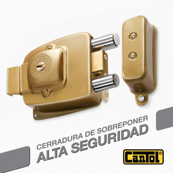 Cerradura Alta Seguridad Cantol Maxima M-1100 Dorado 3Golpes 4LlavesDH 10Pines 2Pivotes Pprincipal Madera