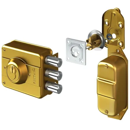  Cerradura Forte Blindada 300 Dorado 3Golpes 3Llaves 3Pivotes Sin Tirador Int-Ext Madera Metal 70.338983 Cerradura Forte Blindad