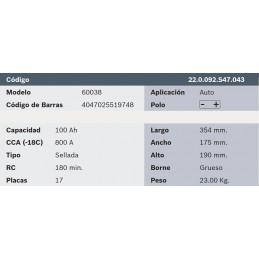 Bateria para Auto Bosch 60038 de 17 Placas 100AH Sellada Polos -+ RC 180min. CCA 800 L 354mm AN 175mm AL 190mm