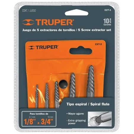  Extractor de Pernos Rotos, Juego de 5 Piezas, Medidas 1/8 al 7/16, acero al cromo, EXT-5 14512 Truper 10.254237 Extractor de Pe