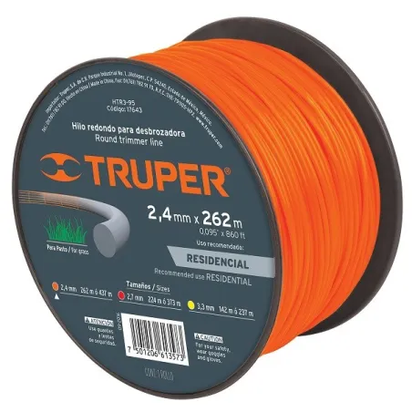  Hilo Redondo para desbrozadora 2.4mm x262M Carrete, HTR3-95 17643 Truper 49.152542 Hilo Redondo para Desmalezadora 2.4mm 262 Me