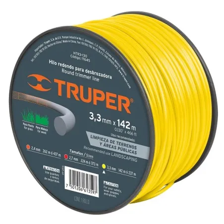 Hilo Redondo para desbrozadora 3.3mm x142M Carrete, HTR3-130 17645 Truper 49.152542 Hilo Redondo para desbrozadora 3.3mm x142M 