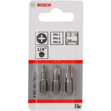Juego Set Punta de Destornillar x3und PH1 PH2 Ph3 x25mm, Bosch 2607001752 Bosch-Juego Set Punta de Destornillar x3und PH1 PH2 Ph