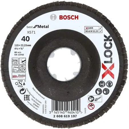  Discos Flap X571 Best for Metal X-LOCK 115mm G40 Curvo Fibra de Vidrio, Bosch 2608619197 16.101695 Disco Flap X571 Best for Met