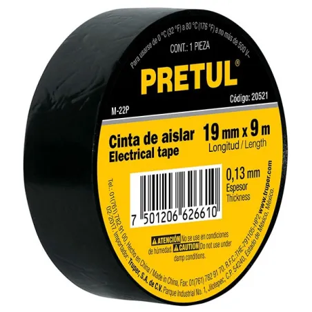  Cintas Aislantes 19mm x9m Negro acrilico E0.13mm, Flexible Pretul 20521 1.016949 Cinta Aislantes Negro 9m x 19 mm, Adhesivo acr