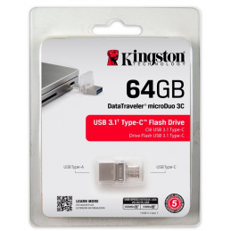 Memoria Flash USB Kingston Data Traveler microDuo 3C, 64GB, Dual USB Tipo-A/USB Tipo-C 3.1