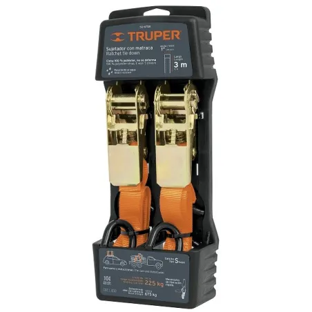  Sujetadores de Carga con Ratchet, Carga Maxima 675kg, ideal para Autos y Motocicletas, SU-675R 19281 Truper 23.728814 Sujetador