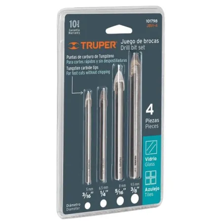  Juego de Brocas para Vidrios y Azulejos 4 Piezas Carburo de Tungsteno Truper 101798 19.491525 Juego de Brocas para Vidrios y Az