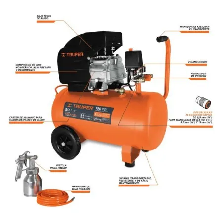  Compresoras 50L 3.5HP Lubricada Automatico Bifasico Con Manguera y Pistola, Truper 101744 599.152542 Compresora 50L 3.5HP Lubri
