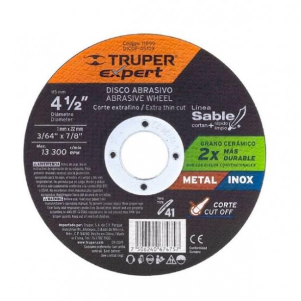 Disco de Corte Metal 4-1/2 x1mm OAluminio Inox D7/8 T41, Truper 11899