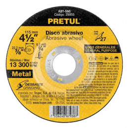 Disco de Desbaste Metal 4-1/2" x6.2mm Oaluminio, Pretul 29955