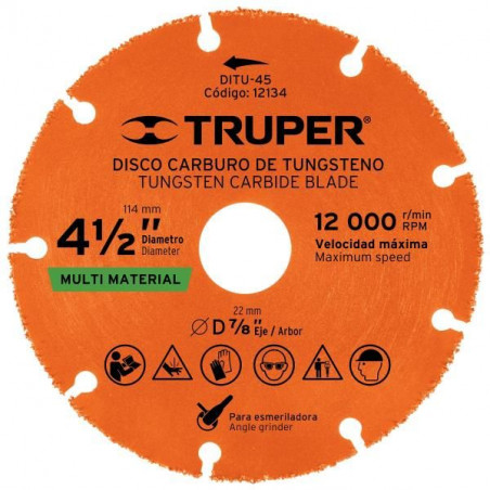 Disco de Corte carburo de Tungsteno 4-1/2" x1.2mm MultiMaterial D7/8, Truper 12134
