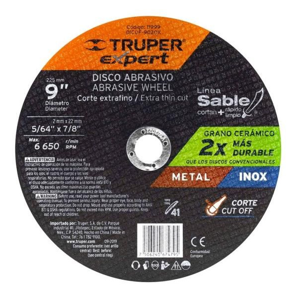 Disco de Corte Metal 9" x2mm OAluminio Inox D7/8 T41, Truper 11998