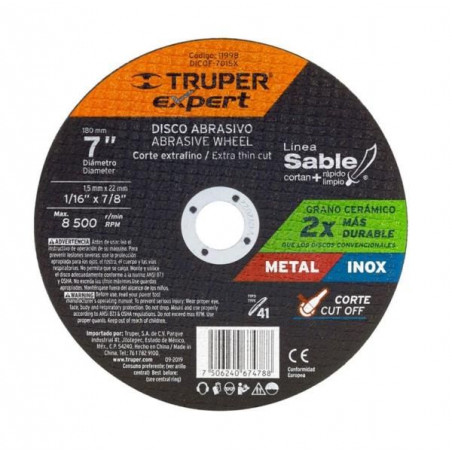Disco de Corte Metal 7" x1.5mm OAluminio Inox D7/8 T41, Truper 11998