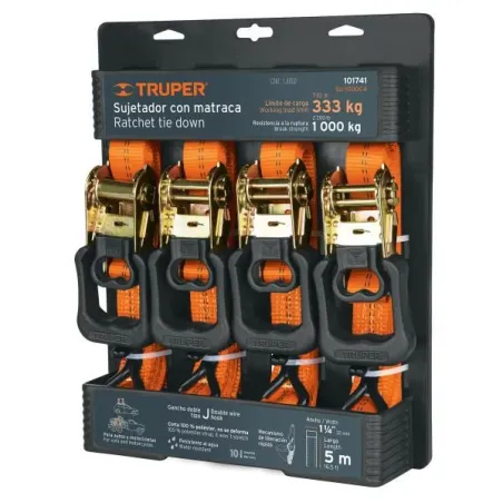  Juego de sujetadores c/matraca 1000kg 4Piezas GanchoJ, Truper 101741 87.288136 Juego de sujetadores c/matraca 1000kg 4Piezas Ga