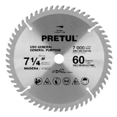  Discos sierras 7-1/4" 60Dientes C5/8", para madera, Pretul 27059 20.338983 Discos sierras 7-1/4" 60Dientes C5/8", para madera, 