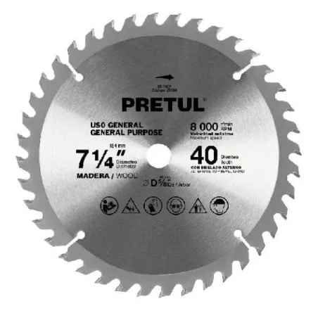  Discos sierras 7-1/4" 40Dientes C5/8", para madera, Pretul 27056 16.949153 Discos sierras 7-1/4" 40Dientes C5/8", para madera, 