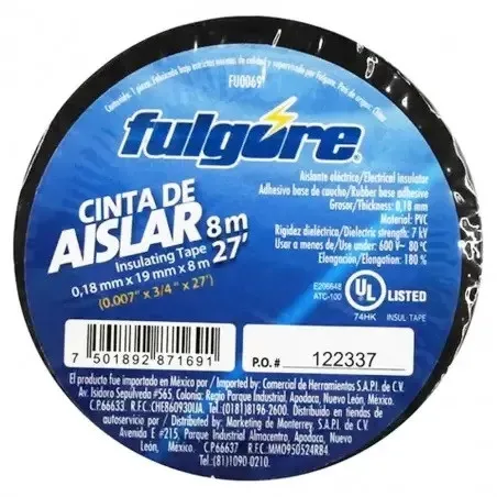 Cinta Aislante Negro 19mm x8M Fulgore FU0069