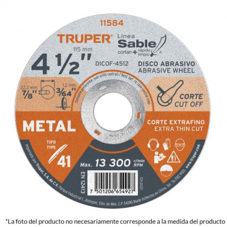 Disco Corte Metal 4 1/2" x1.6mm T41 Oxido de AL, DICOF-4516 11585 Truper