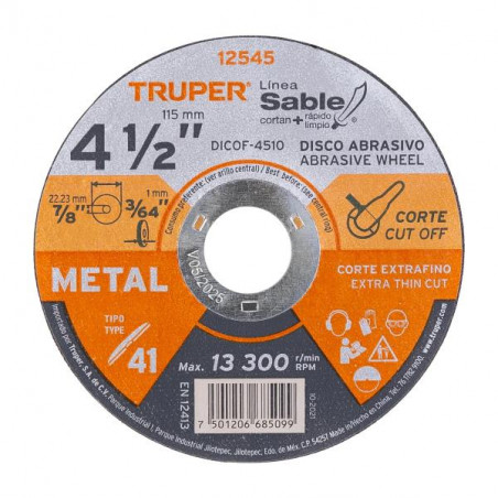 Disco Corte Metal 4 1/2" x1mm T41 Oxido de Alumino, DICOF-4510 12545 Truper