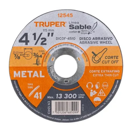  Discos Corte Metal 4 1/2" x1mm T41 Oxido de Alumino, DICOF-4510 12545 Truper 1.694915 Disco Abrasivo Corte Extrafino Metal AR 4