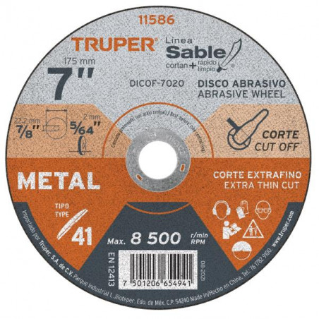 Disco Corte Metal 7" x1.8mm T41 Oxido de Alumino, DICOF-7020 11586 Truper